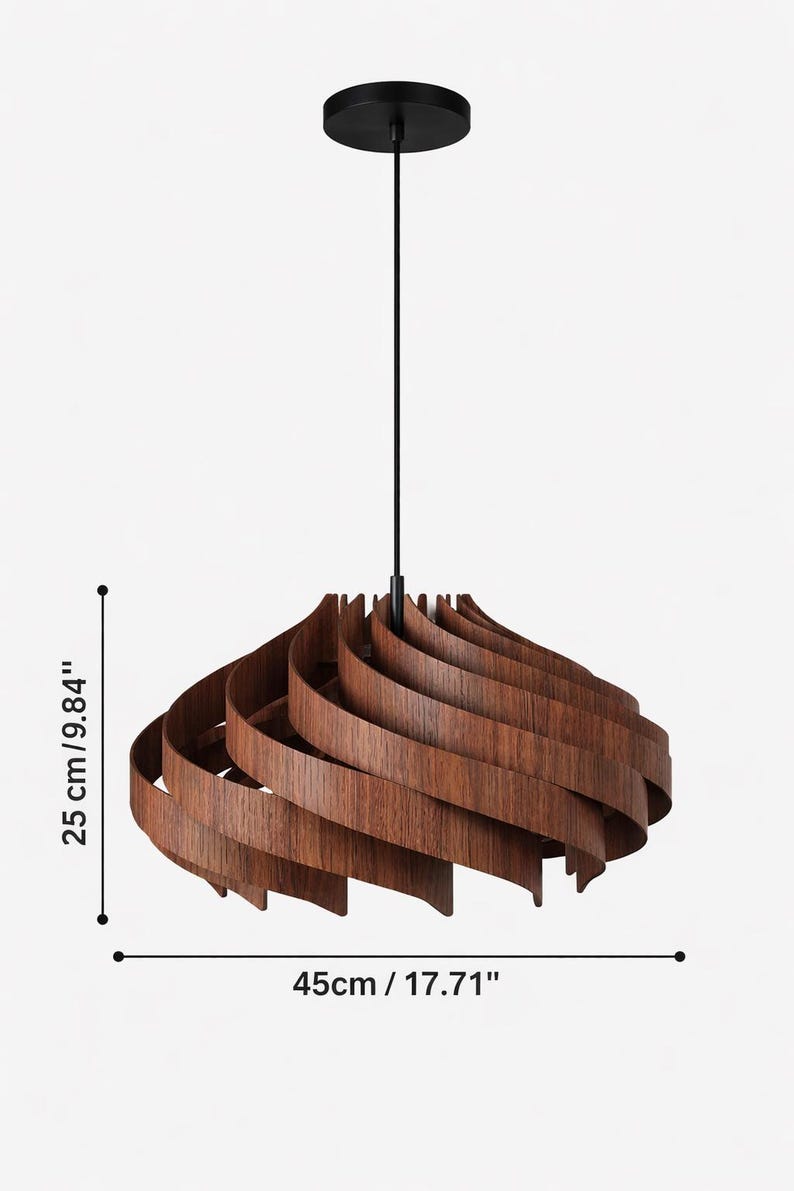 May include: A wooden pendant light fixture with a spiral design. The fixture is brown and measures 9.84 inches in height and 17.71 inches in diameter. It hangs from a black cord and a black ceiling mount.