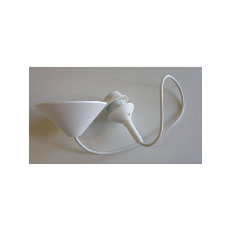 May include: A white pendant light fitting with a conical shade and a curved cable. The fitting includes a bulb holder and a white wire. The design is minimalist and modern, suitable for various interior styles.
