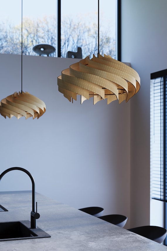 Natural Birch Wood Pendant Light | Handmade Scandinavian Ceiling Lamp | Shadow Art Wooden Chandelier for Dining Room, Majesty by SONLINER