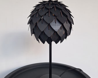 Handmade Pine Cone Table Lamp | Black Wooden Bedside Lamp