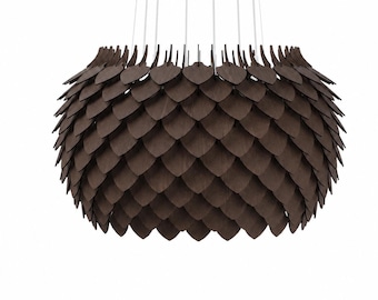 Rich Chocolate Brown Wood Chandelier, Large Statement Pendant Light, 6-Bulb Pinecone Ceiling Fixture for Intimate Dining & Living Room