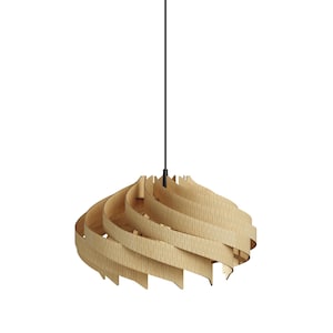 May include: A pendant light fixture featuring a series of curved, light-colored wooden slats arranged in a circular, layered pattern. The shade is suspended by a thin black cord attached to a matching black circular ceiling canopy mount.