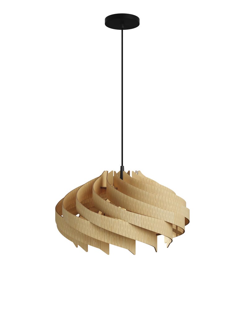 May include: A pendant light fixture featuring a series of curved, light-colored wooden slats arranged in a circular, layered pattern. The shade is suspended by a thin black cord attached to a matching black circular ceiling canopy mount.