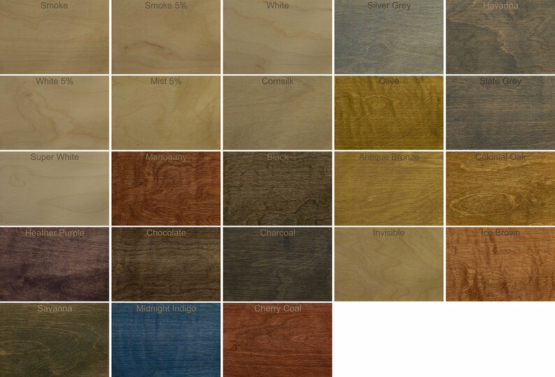 May include: A wood stain color chart with 25 different wood stain colors. The colors are arranged in a grid of five rows and five columns. The colors include Smoke, Smoke 5%, White, Silver Grey, Havanna, White 5%, Mist 5%, Cornsilk, Olive, Slate Grey, Super White, Mahogany, Black, Antique Bronze, Colonial Oak, Heather Purple, Chocolate, Charcoal, Invisible, Ice Brown, Savanna, Midnight Indigo, and Cherry Coal.