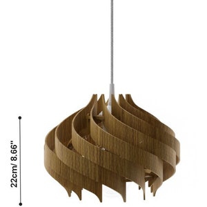 May include: A wooden pendant light with a spiral design. The light is 22 cm tall and 29.6 cm wide.