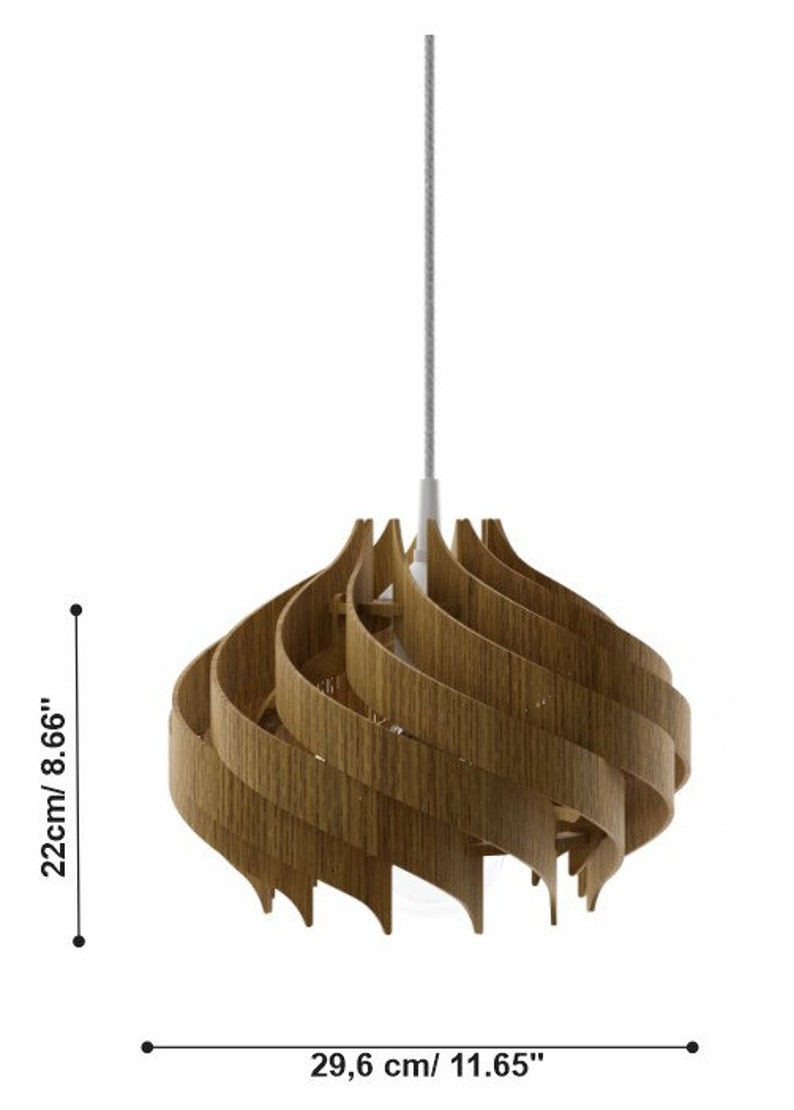 May include: A wooden pendant light with a spiral design. The light is 22 cm tall and 29.6 cm wide.
