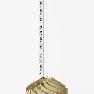 May include: A pendant light with a light wood finish, featuring curved, spiraling slats. A white cord and ceiling mount are attached. Text indicates available lengths of 70cm/27.55", 200cm/78.74", and 500cm/196.85" for the suspension cord.