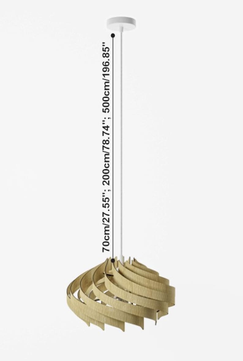 May include: A pendant light with a light wood finish, featuring curved, spiraling slats. A white cord and ceiling mount are attached. Text indicates available lengths of 70cm/27.55", 200cm/78.74", and 500cm/196.85" for the suspension cord.
