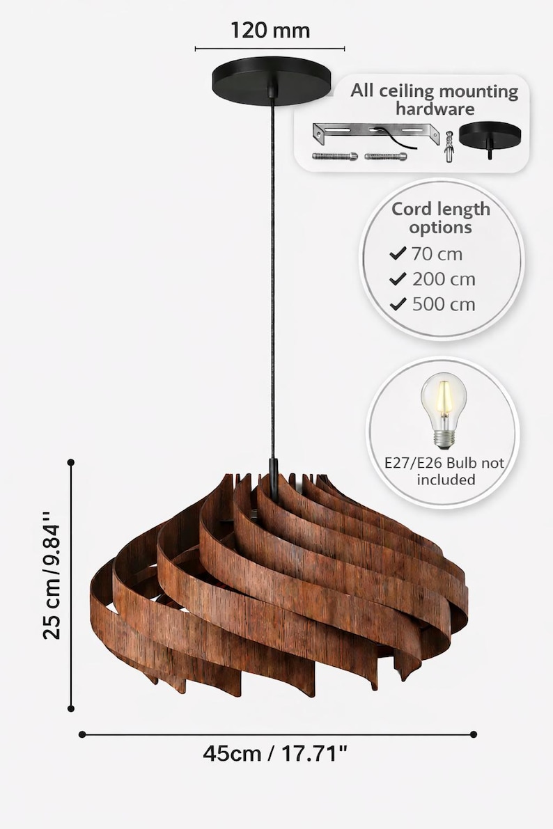 May include: Wooden pendant light fixture with a swirling design. The fixture is 17.71 inches wide, 9.84 inches tall, and includes all ceiling mounting hardware. Cord length options are 27.56 inches, 78.74 inches, and 196.85 inches. E27/E26 bulb not included.