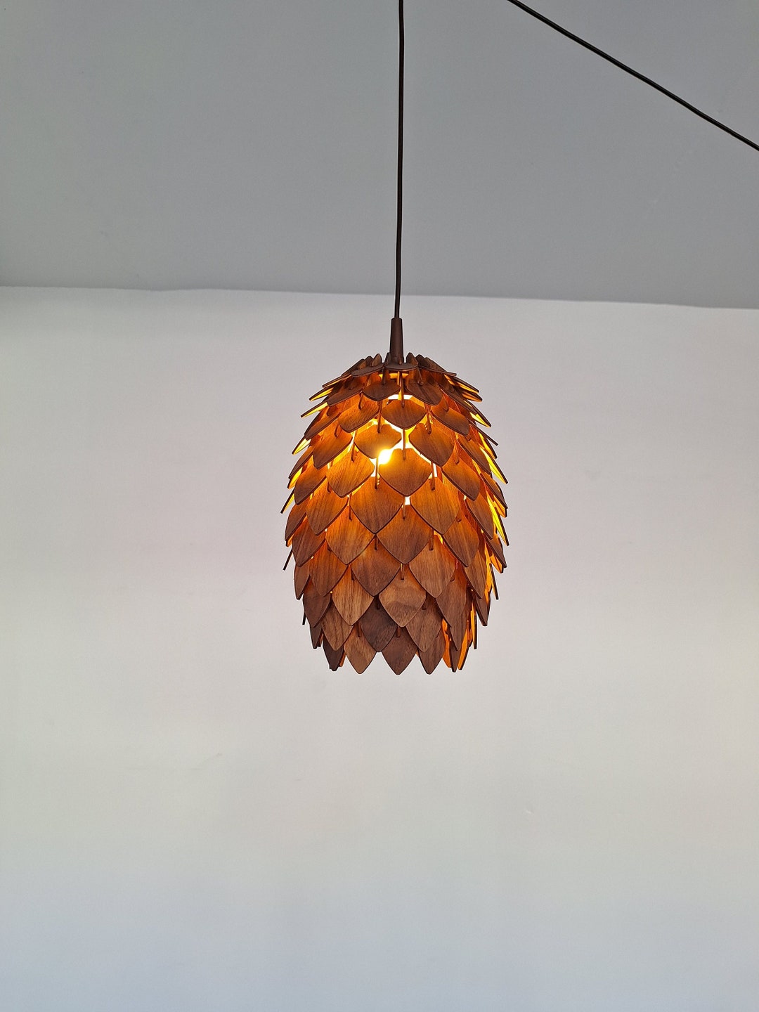 Walnut Wood Pine Cone Chandelier, Handmade Modern Lighting - Etsy