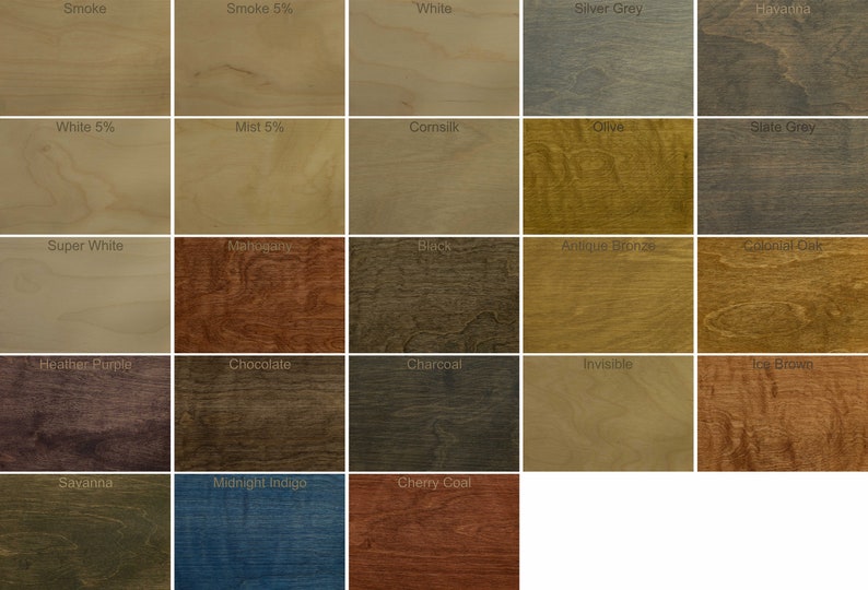 May include: A wood stain color chart with 25 different wood stain colors. The colors are arranged in a grid of five rows and five columns. The colors include Smoke, Smoke 5%, White, Silver Grey, Havanna, White 5%, Mist 5%, Cornsilk, Olive, Slate Grey, Super White, Mahogany, Black, Antique Bronze, Colonial Oak, Heather Purple, Chocolate, Charcoal, Invisible, Ice Brown, Savanna, Midnight Indigo, and Cherry Coal.