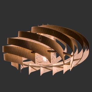 May include: A light fixture constructed from curved, light-colored wooden slats arranged in a spiraling, circular pattern. The structure features a central, clear glass light bulb that emits a warm glow, illuminating the interior of the wooden frame.