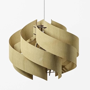 May include: A modern pendant light fixture with a unique, swirling design. The light is made of light-colored wood strips arranged in a spiral pattern. The fixture hangs from a thin, white cord, creating a contemporary look.