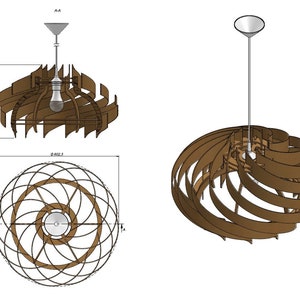 May include: A wooden pendant light fixture with a spiral design. The light fixture is 15.5 inches in diameter and 4.4 inches tall.