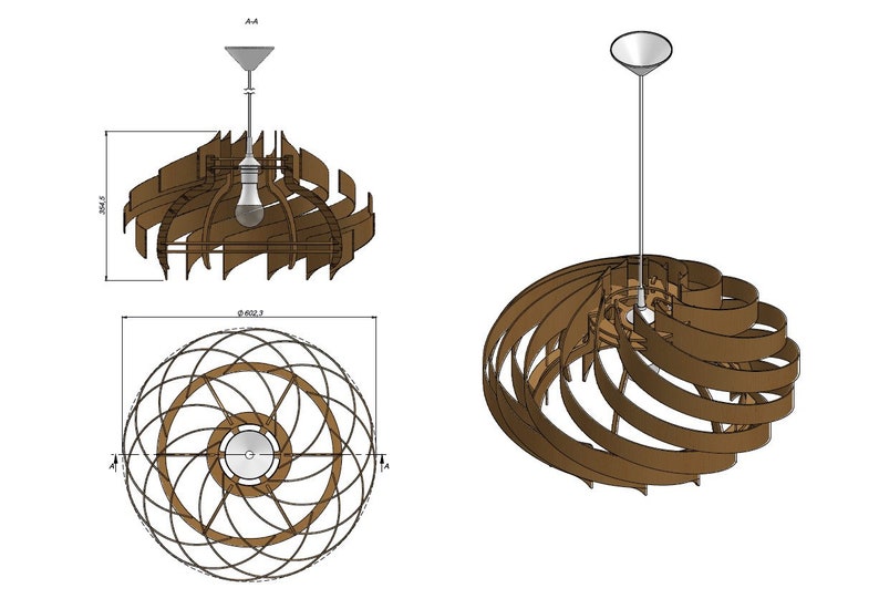 May include: A wooden pendant light fixture with a spiral design. The light fixture is 15.5 inches in diameter and 4.4 inches tall.