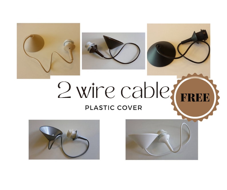May include: Five different colours of 2-wire electrical cords with a plastic cover and a lamp socket. The colours are beige, black, grey, white, and brown. The text "2 wire cable" and "FREE" are visible in the image.