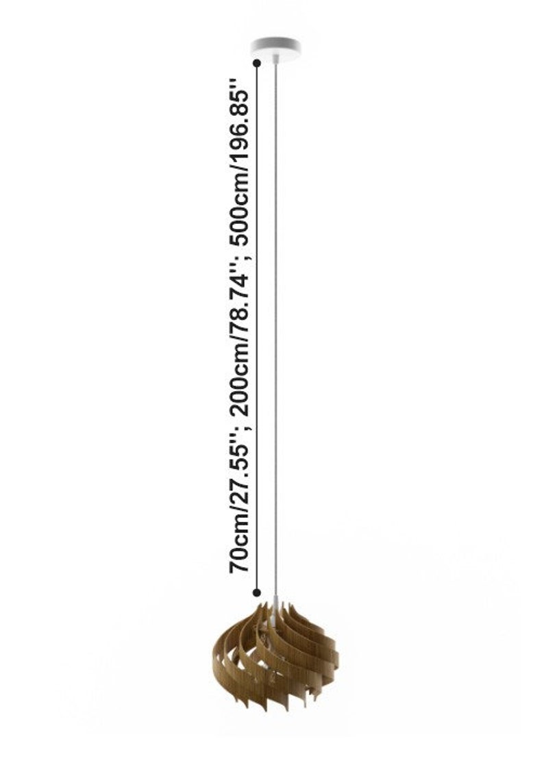 May include: A brown wooden pendant light with a unique, layered design. The light is suspended from a white cord and has a maximum length of 70 inches or 178 cm.