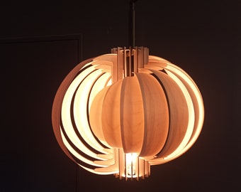 Art Deco Wood Pendant Light, "The Moon 420" Handmade Lampshade