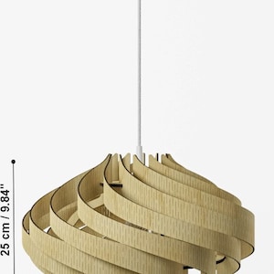 May include: A pendant light fixture constructed from curved, light-colored wooden slats arranged in a spiraling, layered dome shape. The fixture hangs from a white cord and measures 9.84 inches in height and 17.71 inches in diameter.