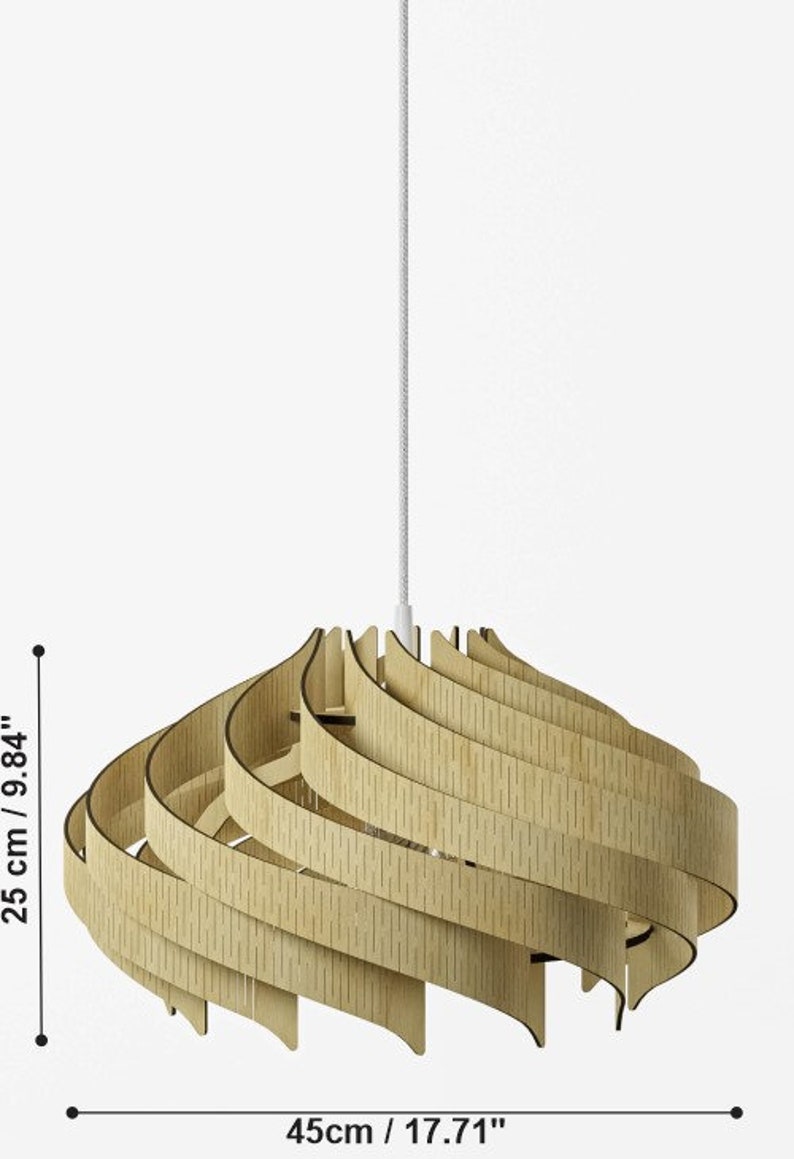 May include: A pendant light fixture constructed from curved, light-colored wooden slats arranged in a spiraling, layered dome shape. The fixture hangs from a white cord and measures 9.84 inches in height and 17.71 inches in diameter.