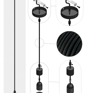 May include: Black pendant light fixture with a round ceiling mount, a long cord, and a bulb socket. The image includes detailed diagrams of the fixture's components, including wiring and a close-up of the black cord's texture.