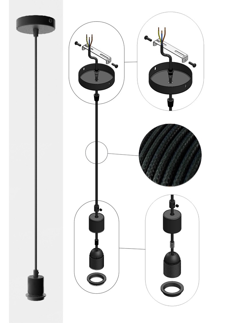May include: Black pendant light fixture with a round ceiling mount, a long cord, and a bulb socket. The image includes detailed diagrams of the fixture's components, including wiring and a close-up of the black cord's texture.