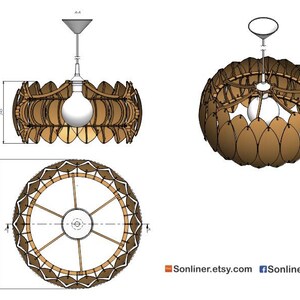 May include: A wooden pendant light fixture with a round, open-work design. The fixture is made of many small, overlapping pieces of wood that create a unique, organic pattern. The light fixture is shown in two views: one from the top and one from the side. The fixture is 23 inches in diameter and 4.5 inches in height.