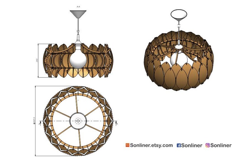 May include: A wooden pendant light fixture with a round, open-work design. The fixture is made of many small, overlapping pieces of wood that create a unique, organic pattern. The light fixture is shown in two views: one from the top and one from the side. The fixture is 23 inches in diameter and 4.5 inches in height.