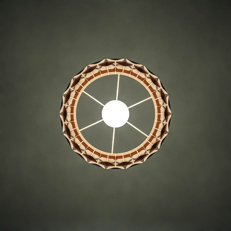 May include: A round, wooden ceiling light fixture with a geometric design. The light is on and emits a warm, white glow.