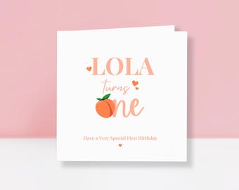 Tarjeta de cumpleaños personalizada con diseño de durazno para el primer cumpleaños de una niña