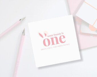 Girls 1st Birthday Card - Pink Bunny First Birthday Card  - Personalised 1st Birthday Card – Daughter, Granddaughter, Niece Birthday Card