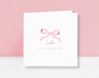 Tarjeta de cumpleaños con lazo rosa – Tarjeta de cumpleaños personalizada para niña