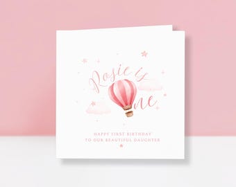 1st Birthday Card for Daughter - Personalised First Birthday Daughter Gift - Age 1 Card for Her - Pink Hot Air Balloon Birthday Card