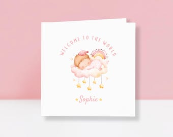 Personalised Baby Girl Card - Welcome to the World - Custom Name Baby Girl Gift