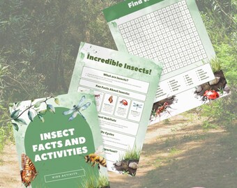 May include: A set of printable insect-themed educational activity sheets. The sheets include a word search, insect facts, and activities. The cover sheet features a butterfly, bee, and dragonfly illustrations. The text reads "Insect Facts and Activities" and "Kids Activity."