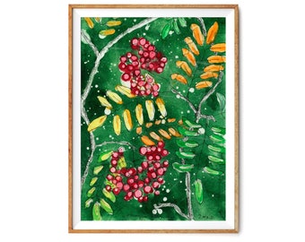 Autumn Rowan - Art Download - Nature Print - Printable Watercolor Batik - Colorful Artwork - 24x36" - A1