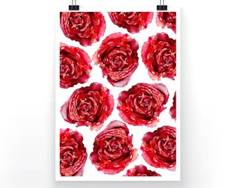 Roses - Printable Card / Poster, Painted with Watercolors, Red, White, Size A4 | A5 | A6