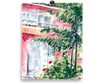 The Scent Of Geraniums - Poster of Watercolor Painting, Garden Wall Art, Green and Pink Art Print, 8x10", 12x16", 16x20", 18x24"