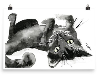 Monochrome Poster of Ink Painting, Cat Painting, Black and White Art Print, 12x18", 24x36"