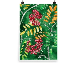 Autumn Rowan - Poster - Nature Print - Watercolor Batik - Colorful Wall Art - 24x36" - 12x18" - 61x91cm - 50x70cm - 21x30cm