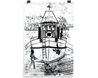 Tugboat - Poster of linocut artwork, Black and White | Blue and White, Vertcal Poster 12x18" | 24x36"