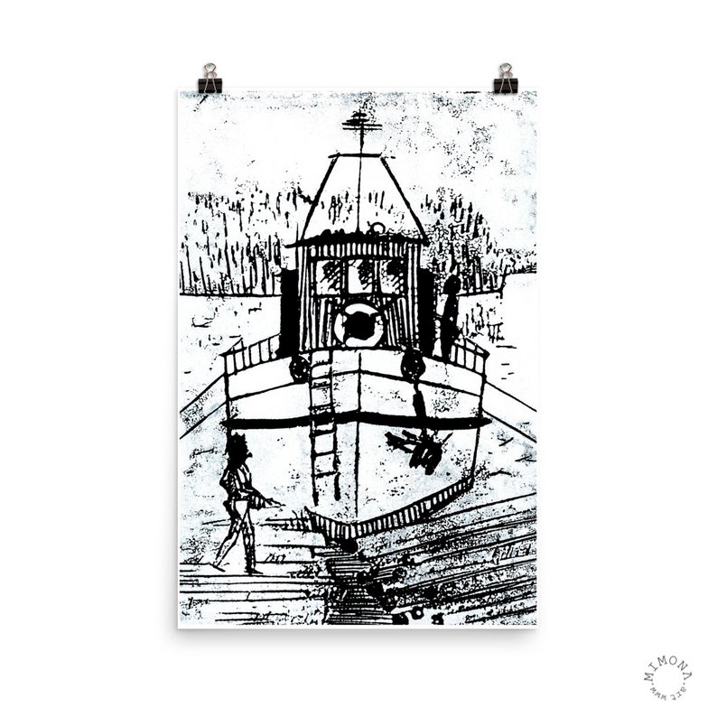 Tugboat Poster of linocut artwork, Black and White Blue and White, Vertcal Poster 12x18 24x36 image 1