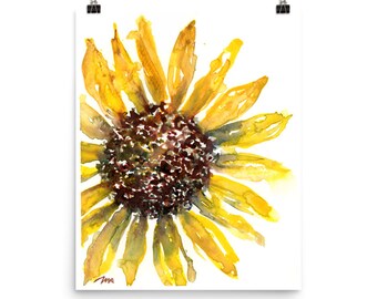 Sunflower Poster, Flower Print, Floral Art, Yellow and Brown, Summer Wall Art, Print of Watercolor Painting,  8x10,  16x20, 18x24"