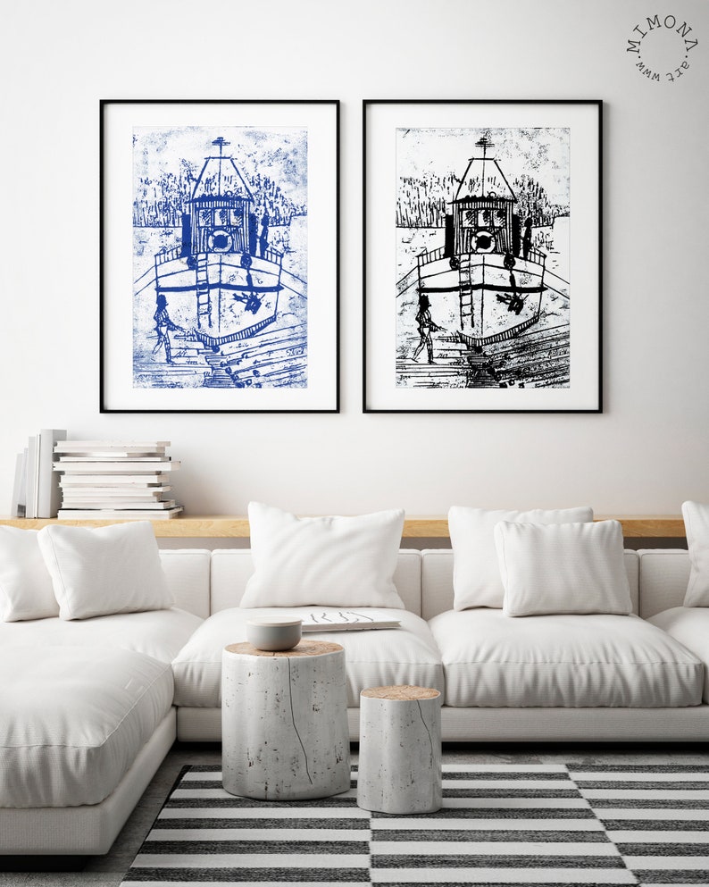 Tugboat Poster of linocut artwork, Black and White Blue and White, Vertcal Poster 12x18 24x36 image 3