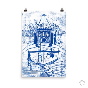 Tugboat Poster of linocut artwork, Black and White Blue and White, Vertcal Poster 12x18 24x36 image 2
