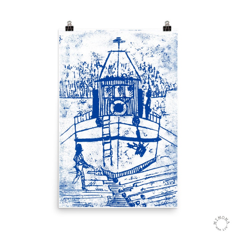 Tugboat Poster of linocut artwork, Black and White Blue and White, Vertcal Poster 12x18 24x36 image 2