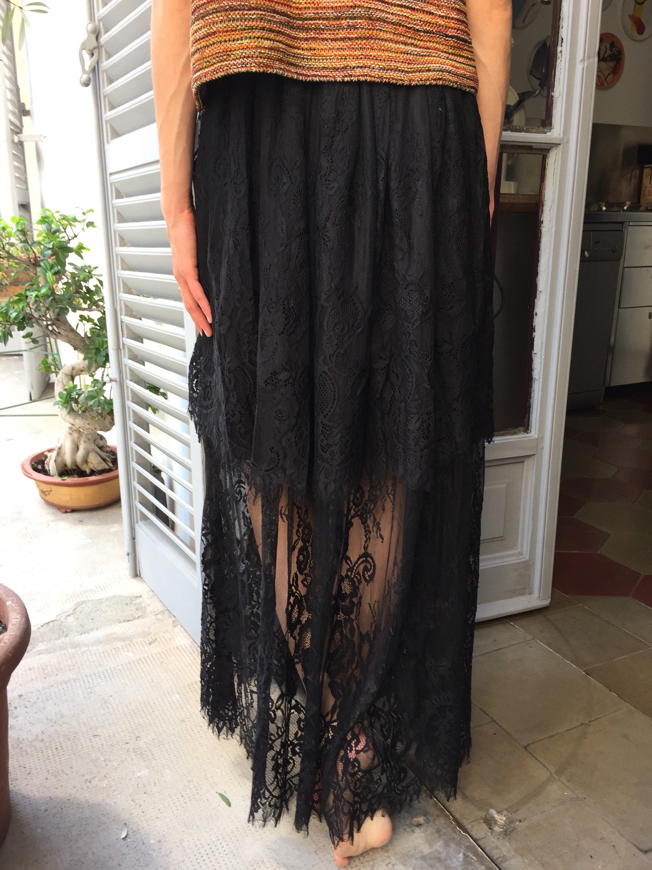 Vintage Black Maxi Lace Skirt Boho Long Skirt black Long Lace