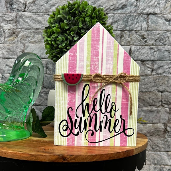 Mini Hello Summer Watermelon Wood House Tiered Tray Decor, Small Wood Sign, Farmhouse Decor, Shelf Sitter, Wedding Gift,  Gift for Her