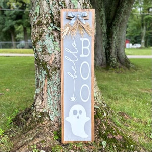 Gray Themed Four Foot Hello Boo Porch Sign | Halloween Decor | Fall Porch Leaner