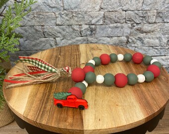Christmas Wood Bead Garland, Tiered Tray Decor, Vintage Truck Tiered Tray, Farmhouse Decor, Housewarming Gift, Gift for Her
